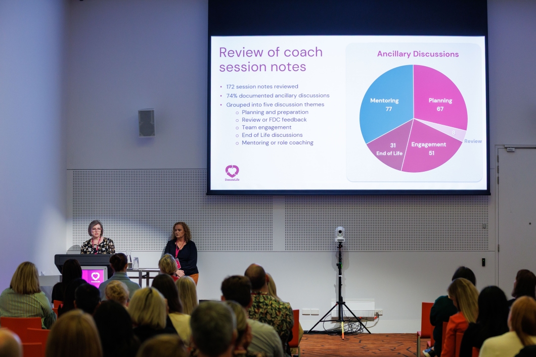 A presentation in a conference room displaying session notes and a pie chart, with an audience in attendance.