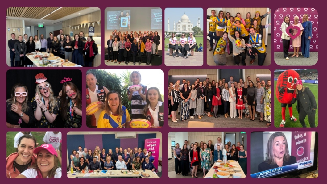 Collage of photos featuring DonateLife staff, volunteers and community members at events, meetings, awareness activities and celebrations. Images show group gatherings, community engagement, sports-themed promotions, recognition events and media coverage supporting organ and tissue donation awareness.