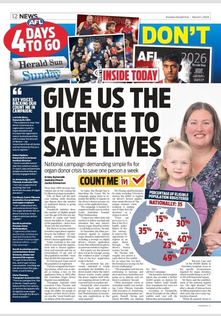 Front page of the Herald Sun Sunday newspaper dated March 1, 2026, featuring a large headline ‘GIVE US THE LICENCE TO SAVE LIVES’ about a national campaign to increase organ donor registrations. Additional side quotes and text highlight support for the campaign and discuss the organ donor crisis.