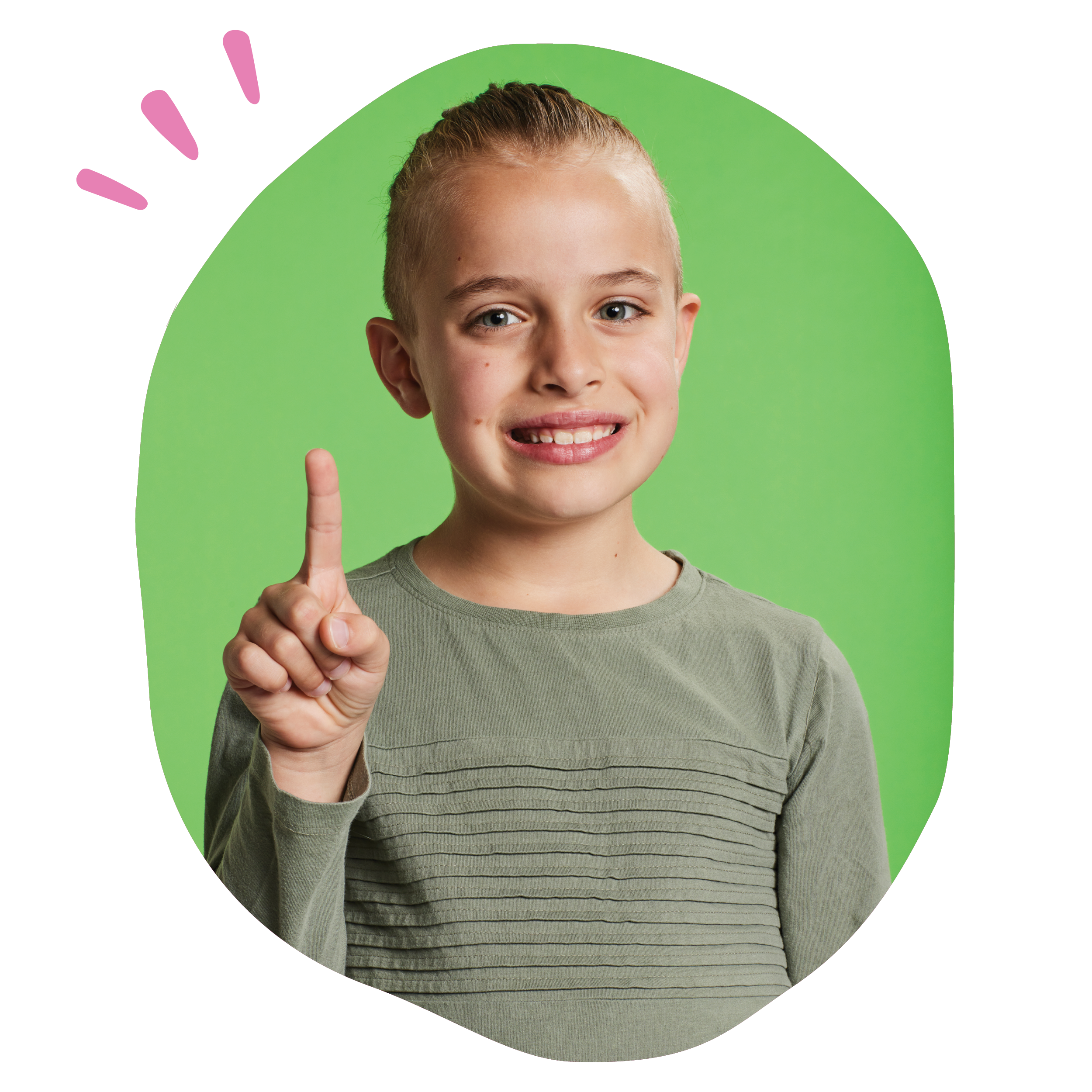 Image of Hunter holding phone and one finger up
