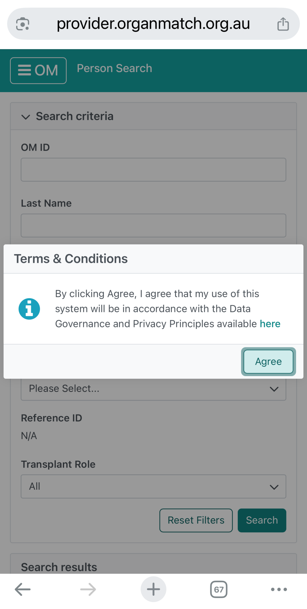 Screenshot of OrganMatch provider site on mobile showing person search form and a Terms & Conditions pop-up with “Agree” button and privacy link.