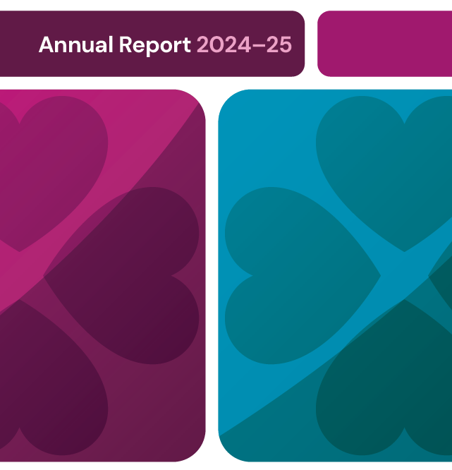 An image of the Annual Report 2024-25 cover with magenta and teal artwork