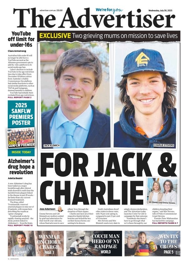 Front page of The Advertiser newspaper dated July 30 2025, featuring the headline 'FOR JACK & CHARLIE' with photos of Jack Klemich and Charlie Stevens. 