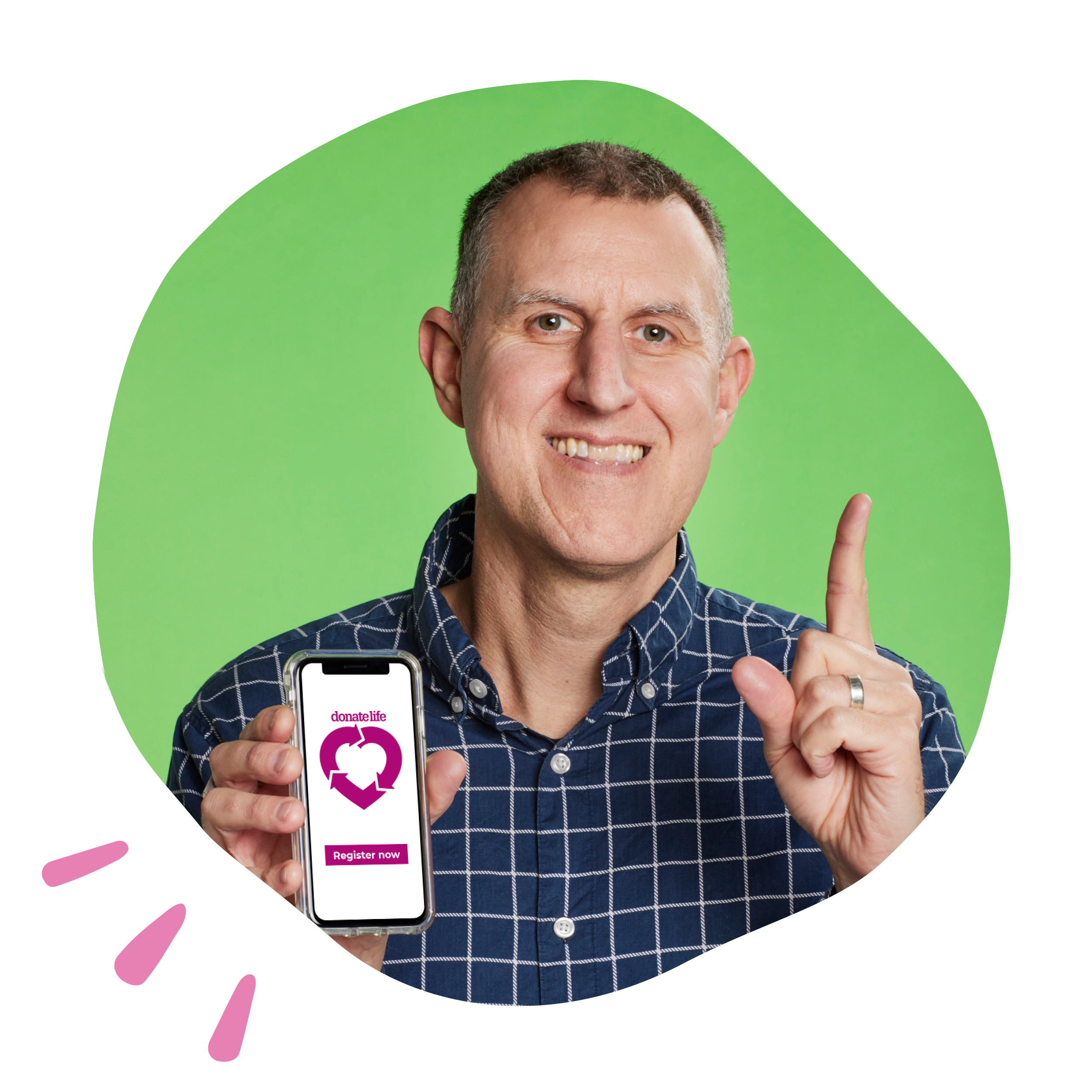 Image of David holding phone and one finger up