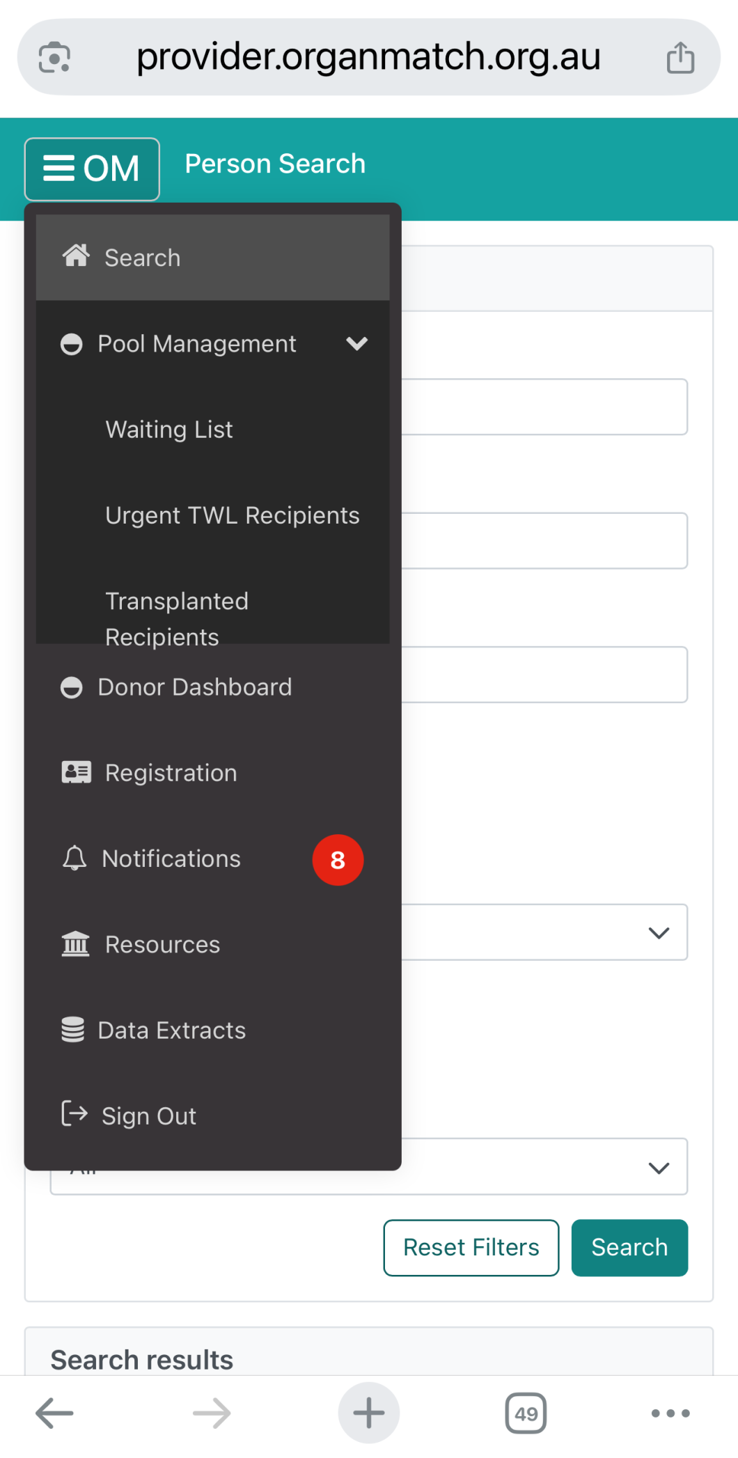 OrganMatch provider mobile page showing a navigation menu with options like Search, Pool Management (expanded), Donor Dashboard, Registration, Notifications with 8 alerts, Resources, Data Extracts, and Sign Out.