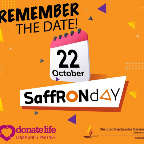 A "remember the date" orange tile with 22 October Saffron Day elements