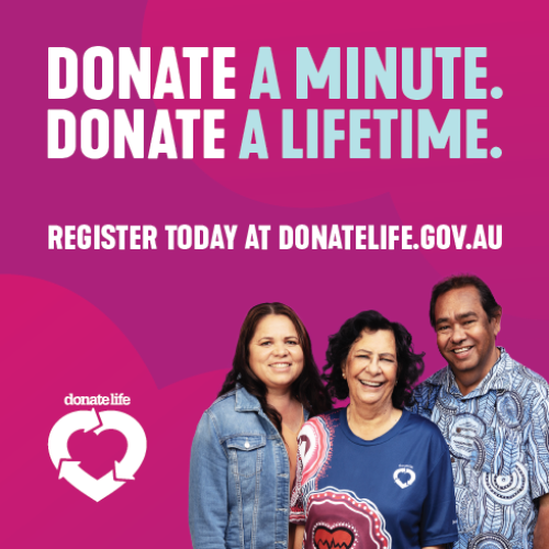 Donate a minute. Donate a lifetime. text on a magenta background with white and aqua text and 3 First Nations recipients and donor families