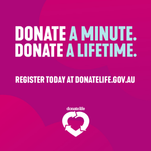 Donate a minute. Donate a lifetime. text on a magenta background.