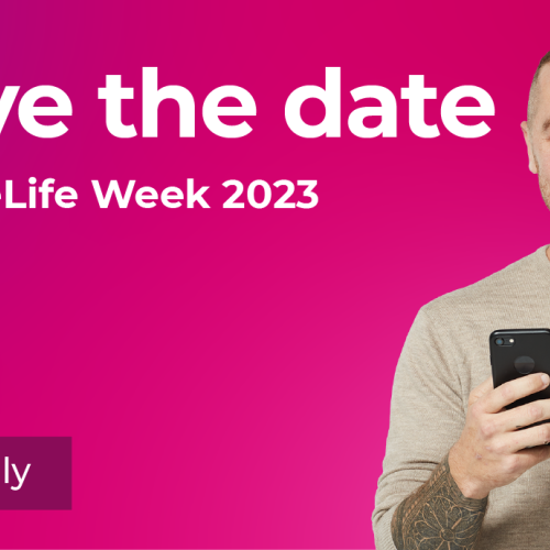 Save the Date donatelife week 2023 - magenta ombre background with man holding phone and medicare card wearing a beige long sleeve top