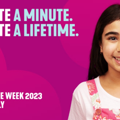 Donate a minute. Donate a lifetime. text on a magenta background. Register as an organ and tissue donor today in white text with white DonateLife logo