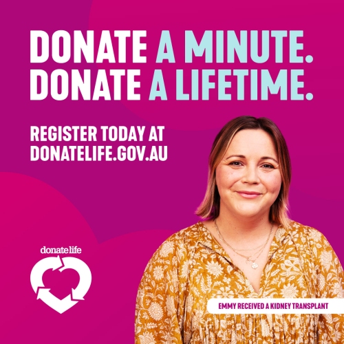 Donate a minute. Donate a lifetime. text on a magenta background. Register as an organ and tissue donor today in white text with white DonateLife logo