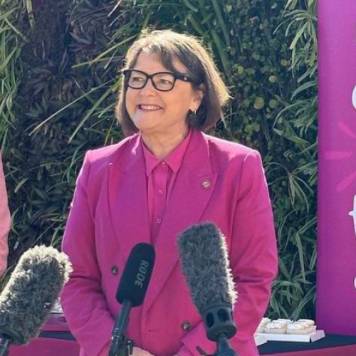 Photo of Ged Kearney at the DonateLife Week 2023 media launch at Queensland hospital. Ged is wearing a magenta blazer next to a DonateLife pull up banner that says 'lets talk organ and tissue donation'.