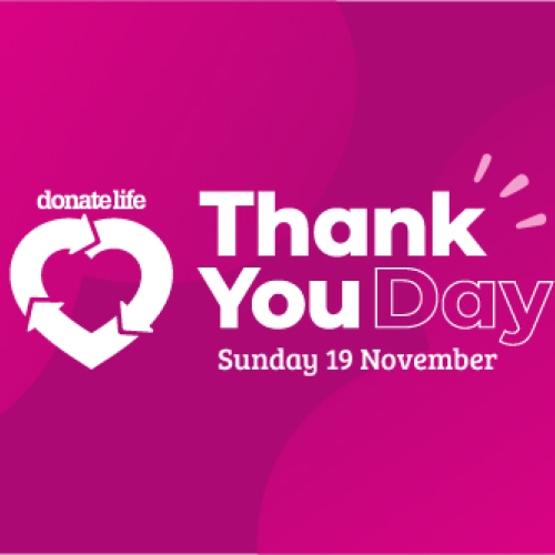 Magenta tile with a white DonateLife logo and the text ' Thank You Day - Sunday 19 November'