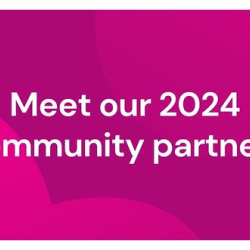 Magenta background with white text over the top saying meet our 2024 community partners