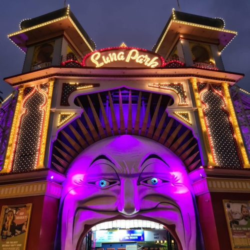 Luna Park in St Kilda Melbourne lit-up in magenta