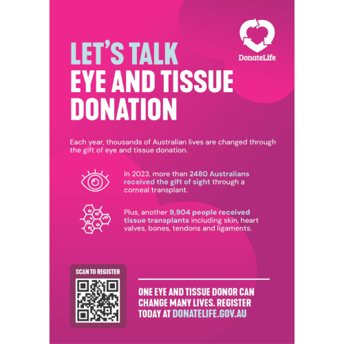 Magenta poster with a DonateLife logo, QR code and eye and tissue icons. The heading reads, 'Let's talk eye and tissue donation'.