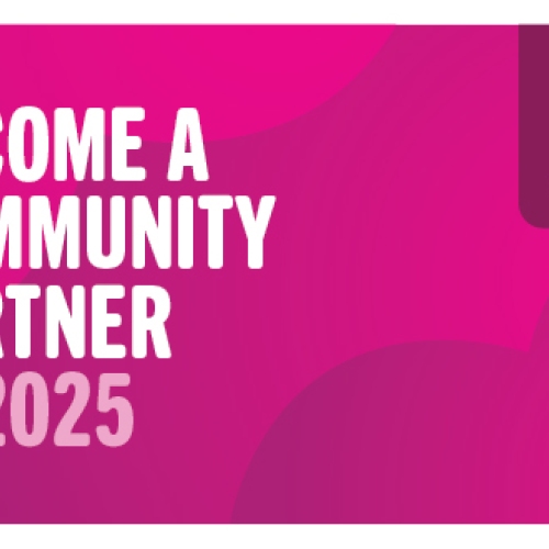 Magenta background with large gradient hearts. Text overlay reads, 'Become a community partner in 2025' with a DonateLife logo in the top corner.