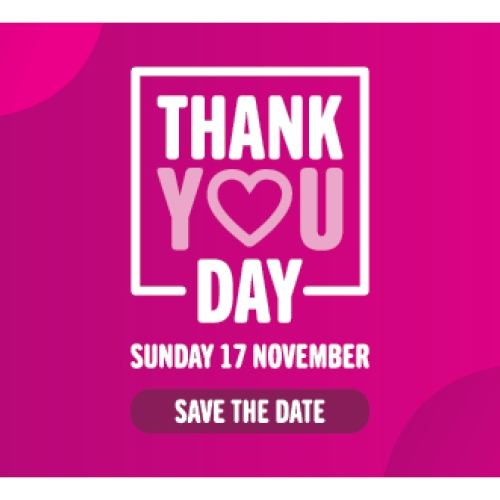 Magenta background with two large pink gradient hearts with wording reading, 'Thank You Day Sunday 17 November, save the date'
