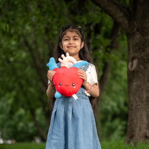 Little girl standing outside in a blue denim dress with knee length colourful socks. She is holding a soft toy heart and is smiling at the camera.