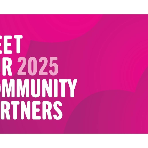 Magenta tile with large hearts. There is white text on top that says 'Meet our 2025 Community Partners'.