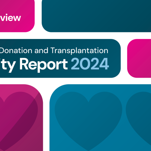 Magenta and teal artwork with hearts on it. Top left corner has the words Year in Review in white text with a magenta background. Underneath are the words Australian Donation and Transplantation Activity Report 2024 on a teal background