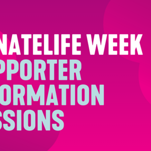 Magenta background with two large pink hearts. Text on top reads 'DonateLife Week Supporter Information Sessions'