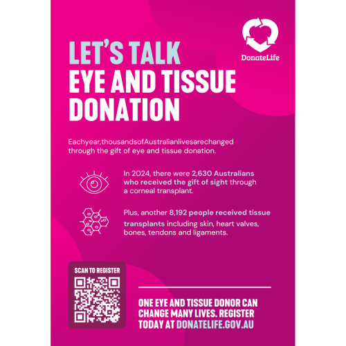 A poster titled “Let’s Talk Eye and Tissue Donation” with bold white text. It highlights that thousands of Australian lives are changed each year through eye and tissue donation. A QR code is included with the message “Scan to Register.” The poster states that one donor can change many lives and encourages registration at donatelife.gov.au. It also shares statistics from 2024: 2,630 Australians received the gift of sight through corneal transplants, and 8,192 people received tissue transplants in