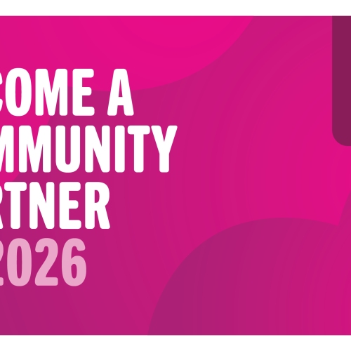 A bright pink banner with bold white text that reads “Become a Community Partner in 2026.” In the top right corner, there is a purple box with the DonateLife logo.