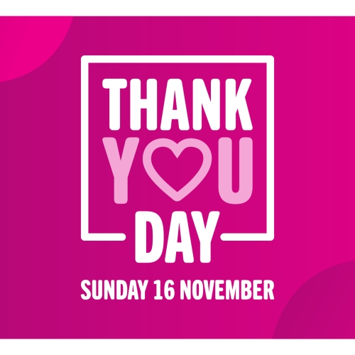 Magenta graphic with white text inside a square frame reading ‘THANK YOU DAY’ with a heart symbol replacing the letter ‘O’. Below, in bold white text: ‘Sunday 16 November’. The DonateLife logo sits in the top right corner. 