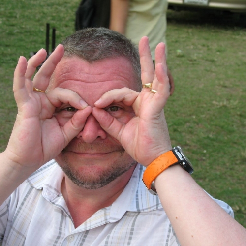 A person is holding both hands up to the sides of their head, with fingers spread out. The person is wearing a plaid shirt and an orange wristwatch. The background shows a grassy area with another person standing and part of a vehicle visible.