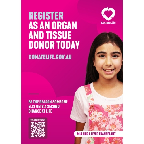poster featuring liver recipient - mia had a liver transplant