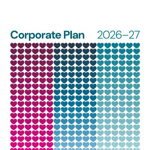 Cover page of the Australian Organ and Tissue Donation and Transplantation Authority Corporate Plan 2026–27, featuring the Australian Government and DonateLife logos, the title “Corporate Plan 2026–27,” and a large pattern of pink and blue heart icons.