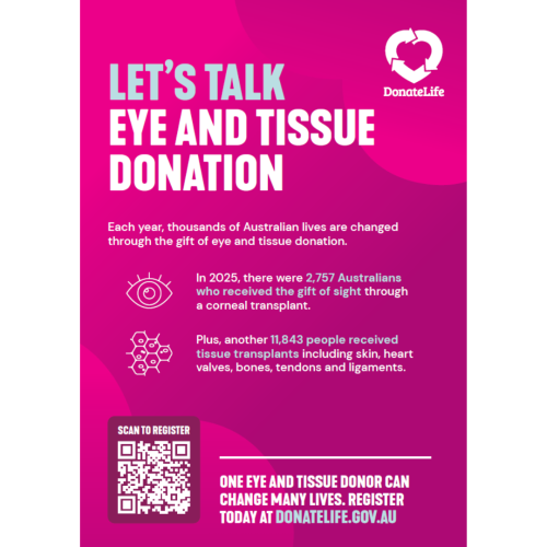 DonateLife infographic highlighting the impact of eye and tissue donation in Australia, with transplant statistics, a QR code, and a call to register as a donor.