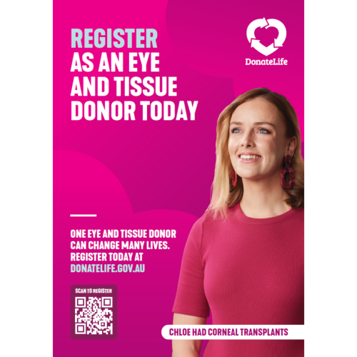 DonateLife poster promoting eye and tissue donor registration, featuring a person alongside a QR code and the message that one eye and tissue donor can change many lives.