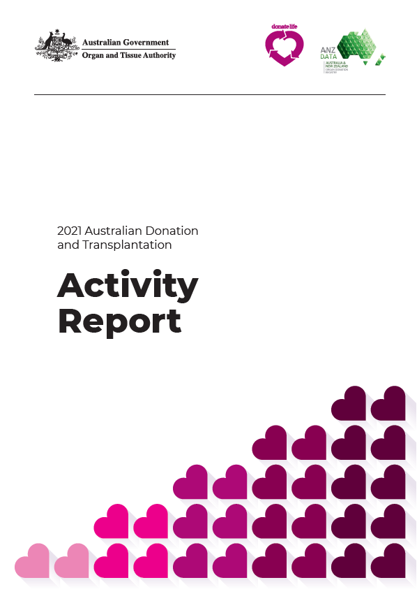 Cover of the 2021 Australian Donation and Transplantation Activity Report featuring government and DonateLife logos and a pattern of pink heart icons.