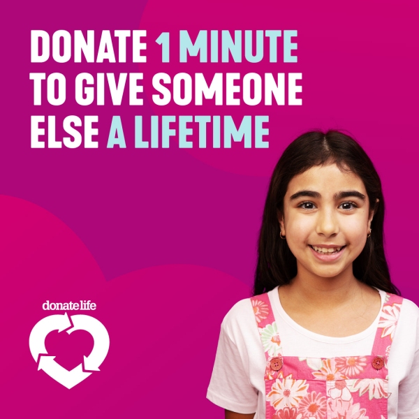 Donate 1 minute to give someone else a lifetime. text on a magenta background. with white DonateLife logo