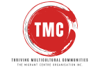 The Migrant Centre logo featuring a red circular brushstroke with the white letters ‘TMC’ in the centre, and the text ‘Thriving Multicultural Communities – The Migrant Centre Organisation Inc.’ below.